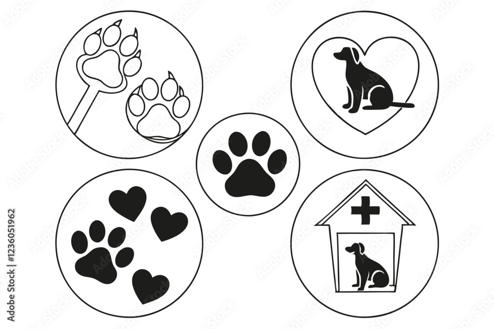 Animal rights icons, line drawings, black and white, minimalist design, paw prints, hearts, pets, wildlife, veterinary symbols, adoption, rescue, protection, animal welfare, circular icons, vector gr Animal rights icons, line drawings, black and white, minimalist design, paw prints, hearts, pets, wildlife, veterinary symbols, adoption, rescue, protection, animal welfare, circular icons, vector gr