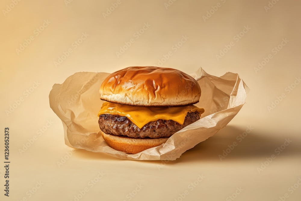 Juicy cheddar burger on a fresh bun wrapped in rustic paper against a soft beige backdrop