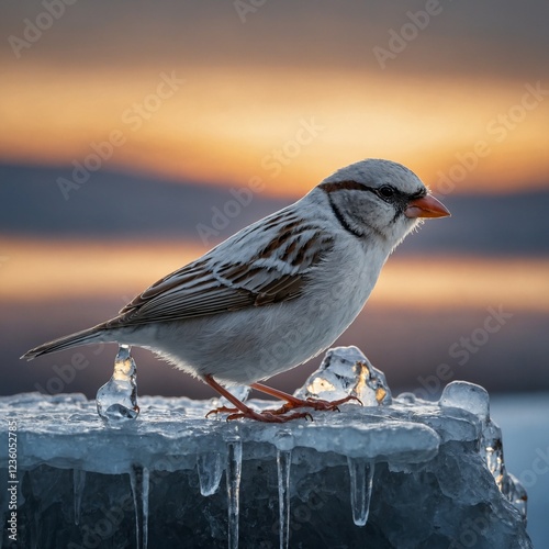 A white sparrow resting on a crystal-clear icicle, catching the soft glow of dawn.