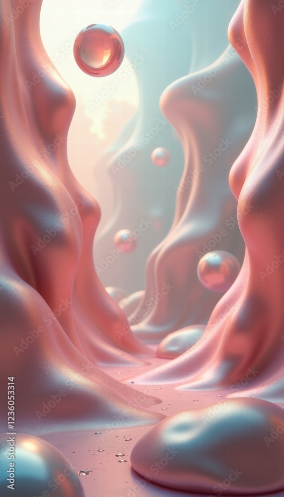 Naklejka premium Explore a surreal, soft landscape of organic shapes and floating spheres. Perfect for abstract art, futuristic concepts, or imaginative designs.