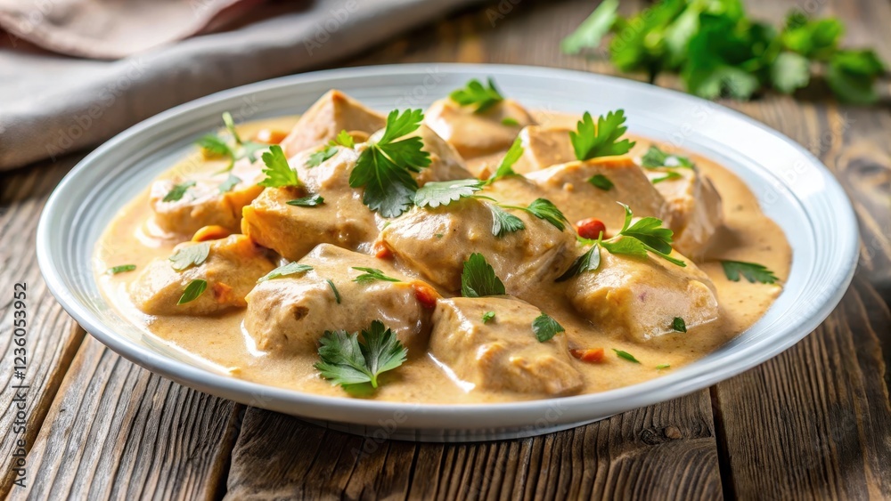 Spicy chicken in a rich creamy sauce made with mild spices and herbs, served on a white plate, garnished with fresh cilantro leaves, warm colors, creamy sauce Spicy chicken in a rich creamy sauce made with mild spices and herbs, served on a white plate, garnished with fresh cilantro leaves, warm colors, creamy sauce