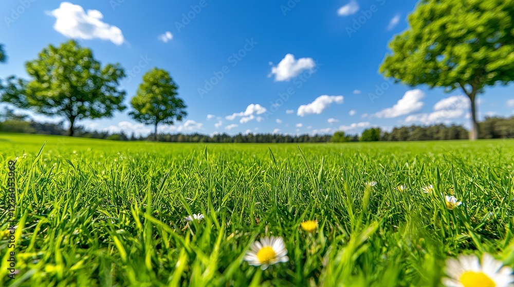 Obraz premium Bright Sunny Day Lush Green Grass Field with Daisies and Trees