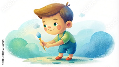 Charming watercolor illustration of a young child painting on a canvas,  AI generated