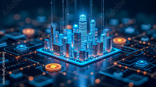A decentralized finance (DeFi) ecosystem visualized as a futuristic city made of holographic coins, smart contracts, and glowing data streams, symbolizing the future of finance and blockchain tech photo
