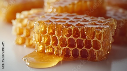 Honeycomb with dripping honey isolated on white. Generative AI