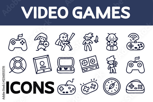  A row of 50 black line icon drawings of video game-related symbols, organized in a grid, with 5 rows and 10 columns. Each icon is simple and minimalistic, with a white background. The icons include v