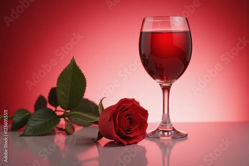 glass of red wine and red rose on reflective surface