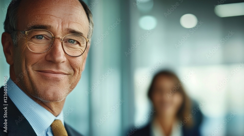 Smiling businessman portrait, office background, colleague blurred