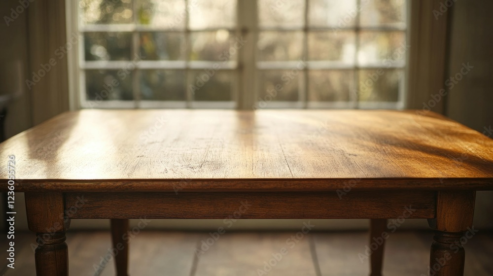 Rustic Wooden Table with Sunlit Aesthetic