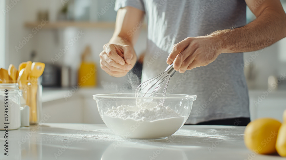 Cooking enthusiast prepares batter using a whisk with fresh ingredients in a bright kitchen Cooking enthusiast prepares batter using a whisk with fresh ingredients in a bright kitchen