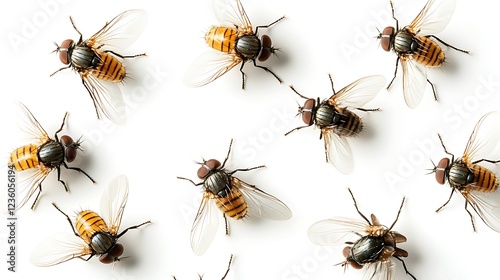 Buzzing bees in detail close-up photography bright white background