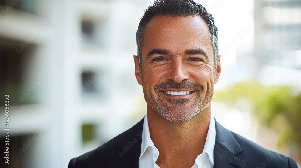 Smiling businessman headshot, city background, professional portrait Smiling businessman headshot, city background, professional portrait