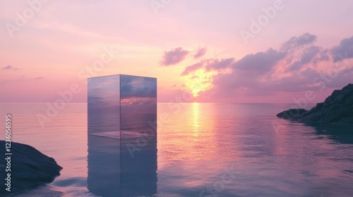 A minimalist sunset over the Mediterranean, the soft pastel sky and calm sea reflected in a glass cube at the center.