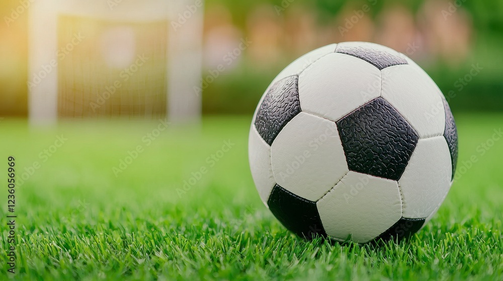 Fototapeta premium Close Up Wet Soccer Ball On Green Artificial Turf With Blurred Goal In Soft Sunlight