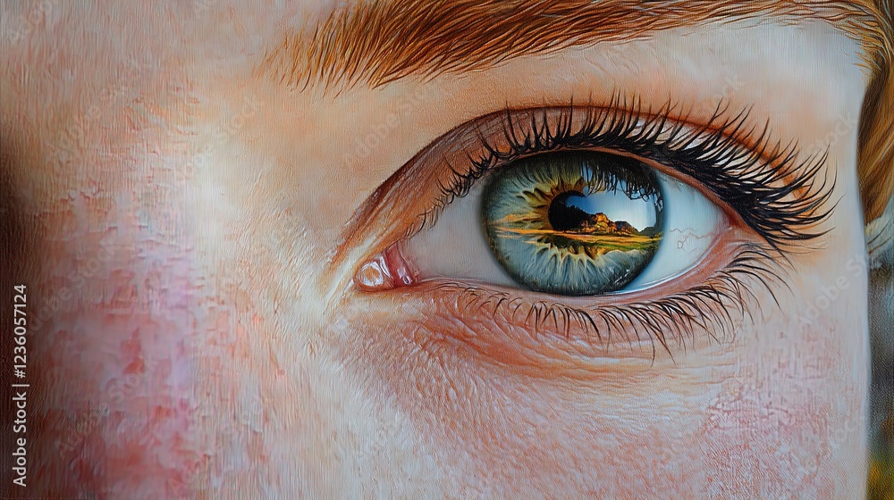 Fototapeta premium Close-up of a person eyes reflecting a beautiful landscape, capturing the essence of wonder and mental peace 