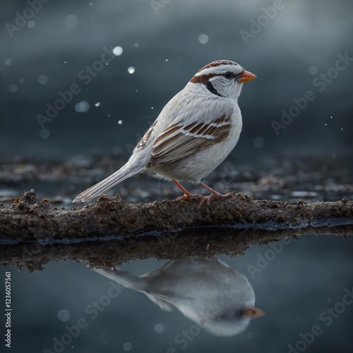 A white sparrow sitting atop a silver mirror reflecting a beautiful, celestial realm.