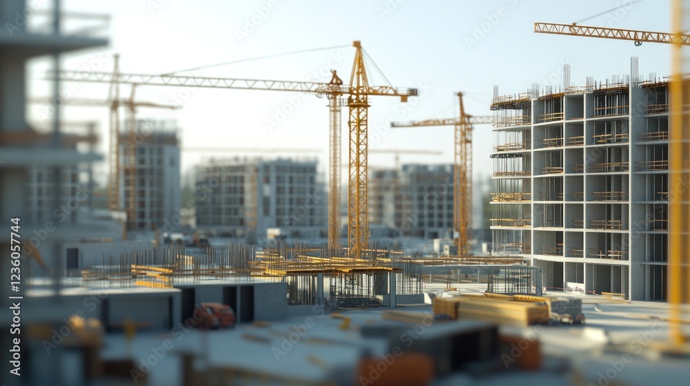 Urban construction site, cranes, buildings, sunrise, progress, development Urban construction site, cranes, buildings, sunrise, progress, development