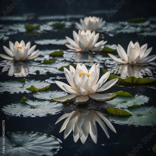 A white sparrow perched on a mystical glowing lotus floating in a pond.
