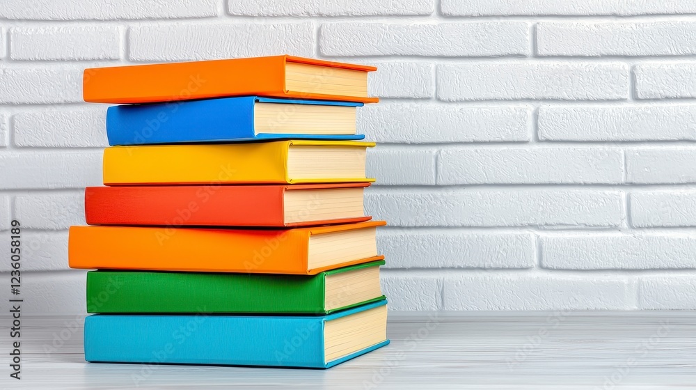 Colorful Books Stacked Against White Brick Wall Colorful Books Stacked Against White Brick Wall