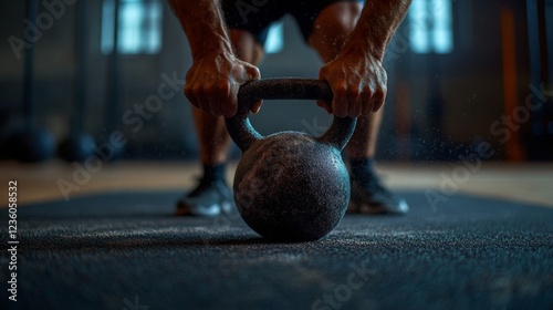 Powerful Man Lifting Kettlebell During Intense Workout