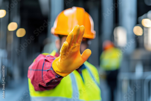 Construction worker signaling to stop on building site. Safety in focus.