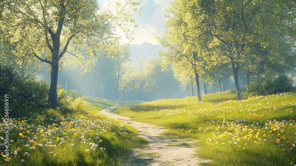 Obraz premium Delicate white spring blossoms illuminated by golden sunset against blurred wildflower field