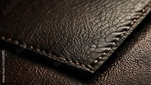 A close-up of a blank business card on top of a textured, dark leather surface, with a soft shadow for depth, and room for logo design or typography. photo