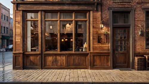 A cozy coffee shop with charming wooden door and large windows, featuring a blank signboard on a distressed wood frame. The empty space on the board is perfect for adding your custom branding.
