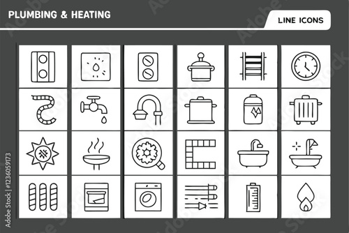  A grid of 50 simple line drawings of various plumbing and heating icons, each icon is a minimalist black line drawing on a white background. The icons include a faucet, toilet, showerhead, radiator, 