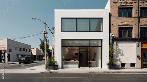 Fototapeta Naklejka Na Ścianę i Meble -   A minimalist storefront with clean white walls and large glass panels, featuring a simple, blank nameboard in a modern sans-serif font style. The surrounding space is open.