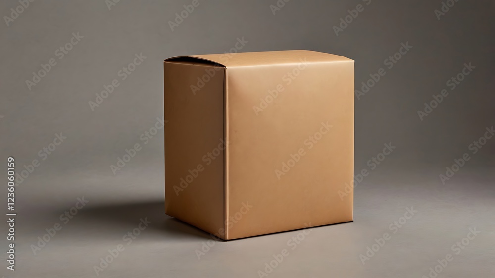 Fototapeta premium Plain cardboard packaging box sitting on a clean, neutral-colored background, with soft shadows that add depth and provide ample space for branding.