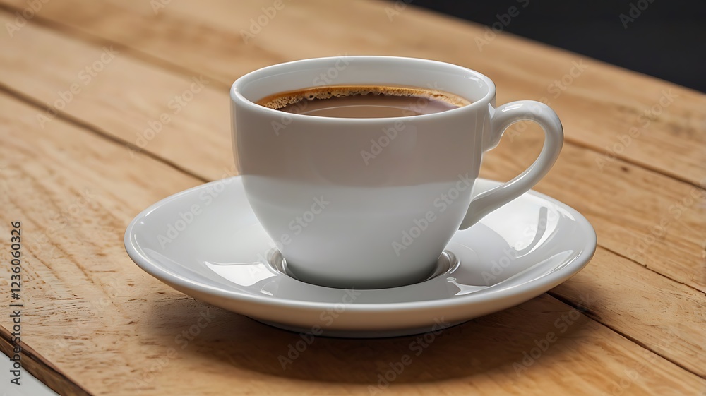 Plain white coffee cup on a saucer, placed on a light wooden table. The cup's surface is smooth, creating a blank canvas for custom branding or design. Plain white coffee cup on a saucer, placed on a light wooden table. The cup's surface is smooth, creating a blank canvas for custom branding or design.