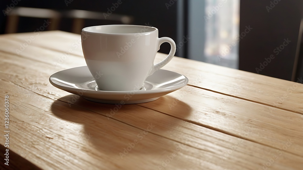 Obraz premium A plain white coffee cup on a saucer, placed on a light wooden table. The cup's surface is smooth, creating a blank canvas for custom branding or design.