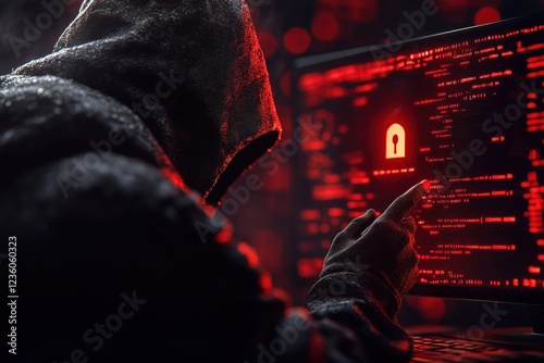 Hacker engaging in cyber activity with glowing computer screen displaying security threats and danger signals