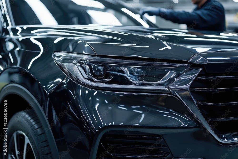 Close-up of hands carefully applying a protective film to a red car hood.