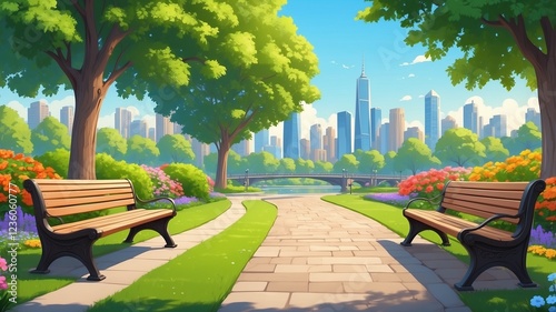 City park, lush green trees, wooden benches, paved walkway, urban skyline, vibrant colors