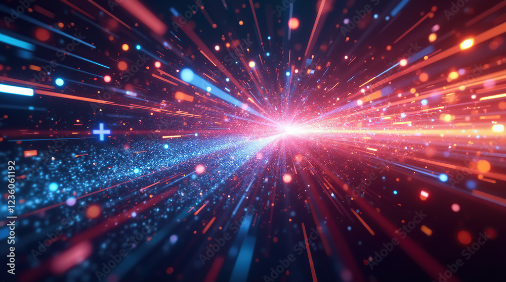 Fototapeta premium Multicolored particle burst with dynamic motion effect and futuristic abstract digital background.