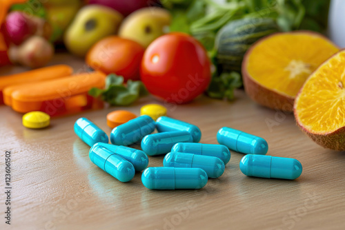 Healthy lifestyle with colorful fruits and blue capsules on a wooden surface.