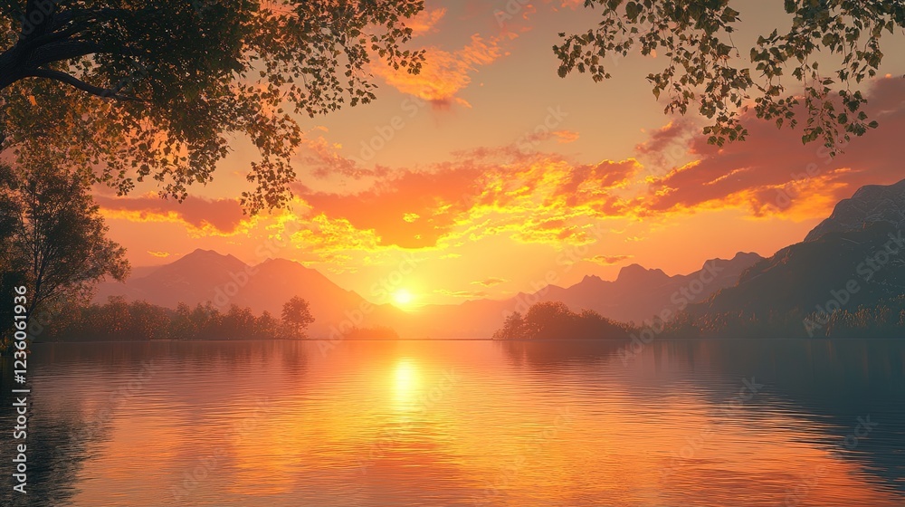 Obraz premium Vibrant sunset over a calm lake, symbolizing reflection and serenity, creating a peaceful atmosphere 