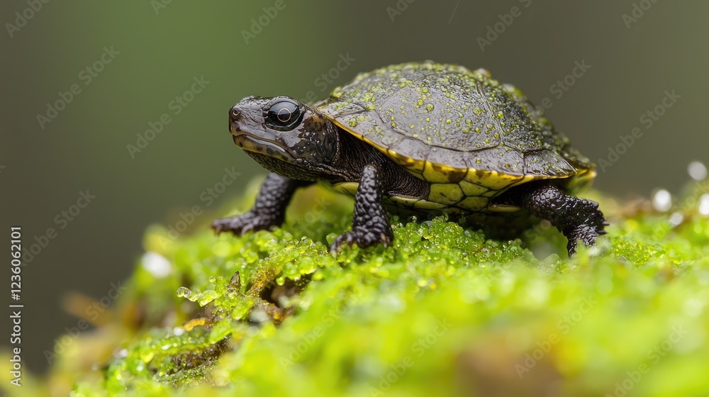 Fototapeta premium Baby turtle on moss, rainforest background, wildlife, nature