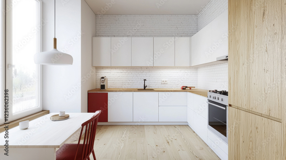 Fototapeta premium Modern and minimalist kitchen design with white cabinets and wooden accents.