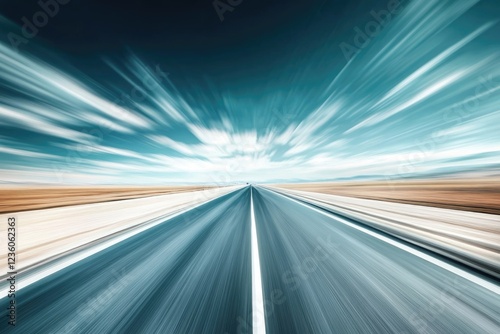 A blurry image of a highway stretching into the distance with a cloudy sky above