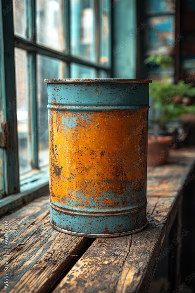 Fototapeta premium Rustic weathered metal canister on wooden surface by sunlit window