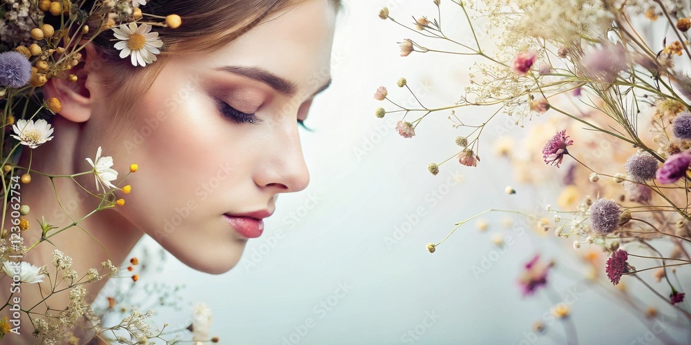 Fototapeta premium A woman with delicate features and soft skin is surrounded by wildflowers, creating a sense of natural beauty and ethereal charm.