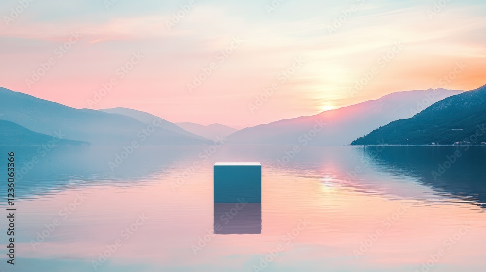 A serene Mediterranean sunset featuring soft pastel tones, calm waters, and a reflective cube mirroring the scenic beauty of mountains and sea.