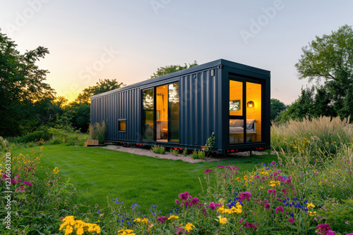 Modern shipping container house surrounded by vibrant flowers at sunset.