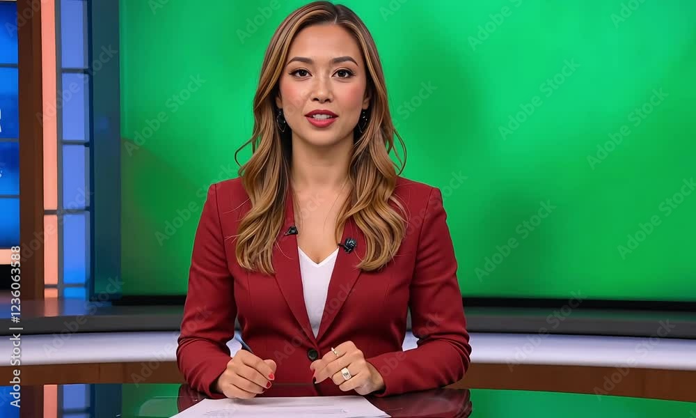 Professional Female Presenter Delivering a Studio Presentation with Green Screen Background
