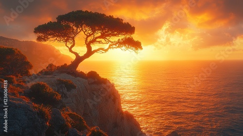 Sunset over ocean, lone tree on cliff