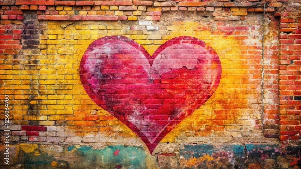 Fototapeta premium A painted red heart on an old, weathered brick wall with shades of yellow and orange
