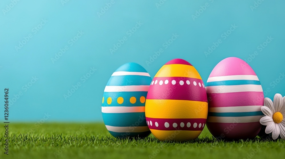 Fototapeta premium Decorated Easter Eggs on Grass Against Light Blue Background
